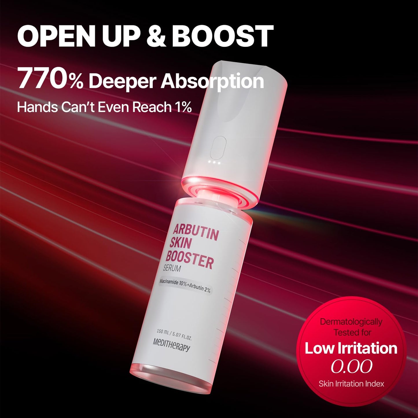 MEDITHERAPY Arbutin Skin Booster Serum + Device 5.07 fl. oz - Korean Face Serum with 10% Niacinamide and 2% Arbutin - At Home Face Massager Tool for Radiant Glow Skin - Boosts Skin Absorption by 770%