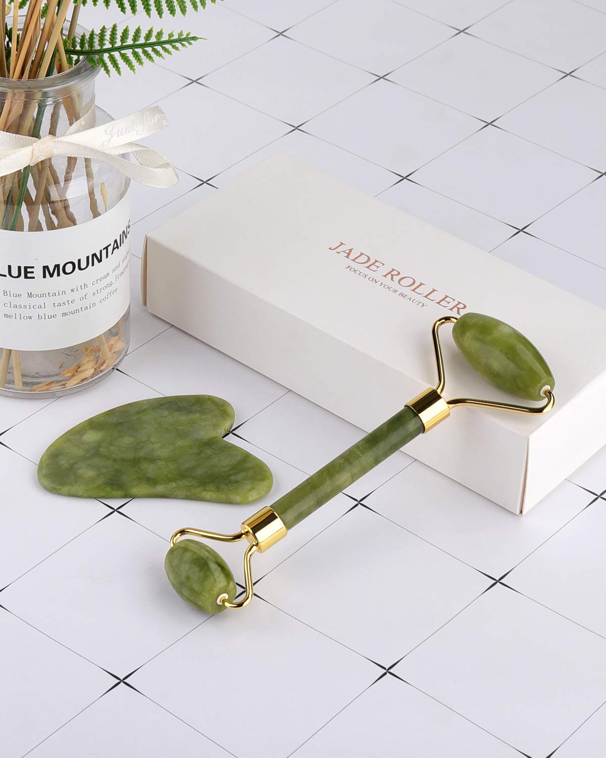 Jade Roller for Face, Jade Roller and Gua Sha Set, EUASOO 100% Real Natural Beauty Jade Facial Roller Massage Tool for Face Eyes Neck Body – Anti Aging Beauty Treatment