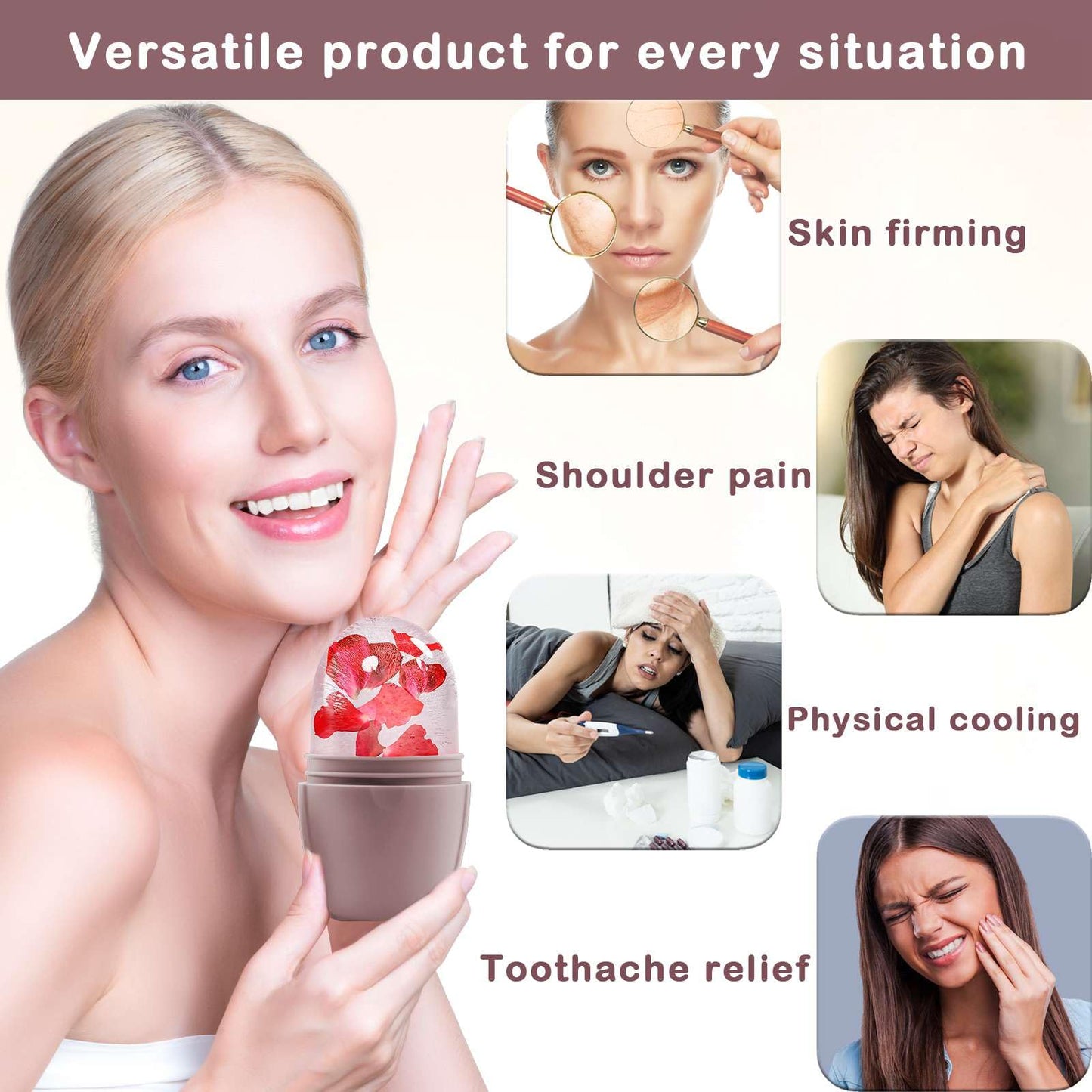 XHJRI Ice Cube Roller Massager for Face, Eyes and Neck Naturally Conditioning and Skin Care,De-Puff Eye Bags,Reduce Migraine Pain,Reusable Massage Silicone Ice Mold (Pink)