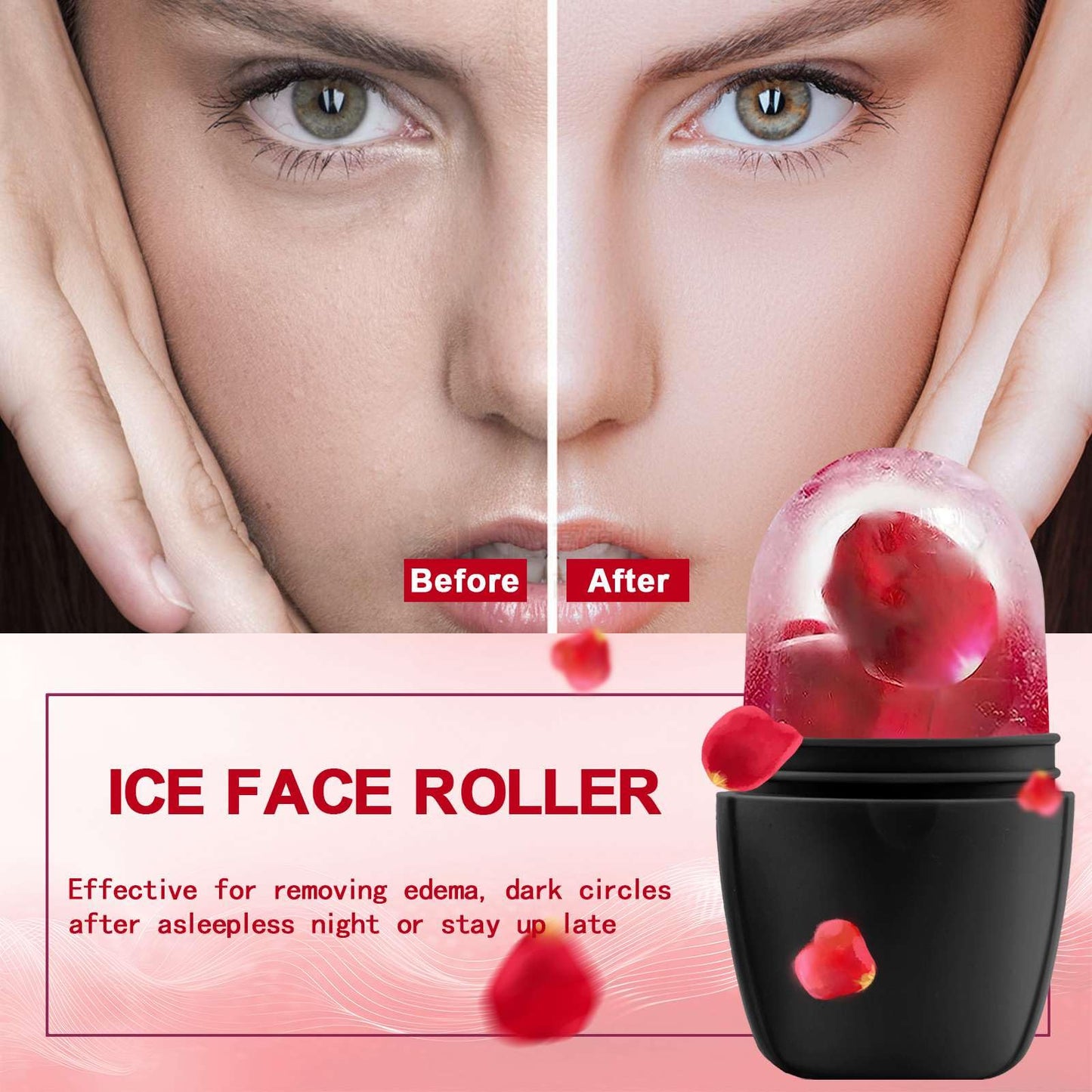 XHJRI Ice Cube Roller Massager for Face, Eyes and Neck Naturally Conditioning and Skin Care,De-Puff Eye Bags,Reduce Migraine Pain,Reusable Massage Silicone Ice Mold (Pink)