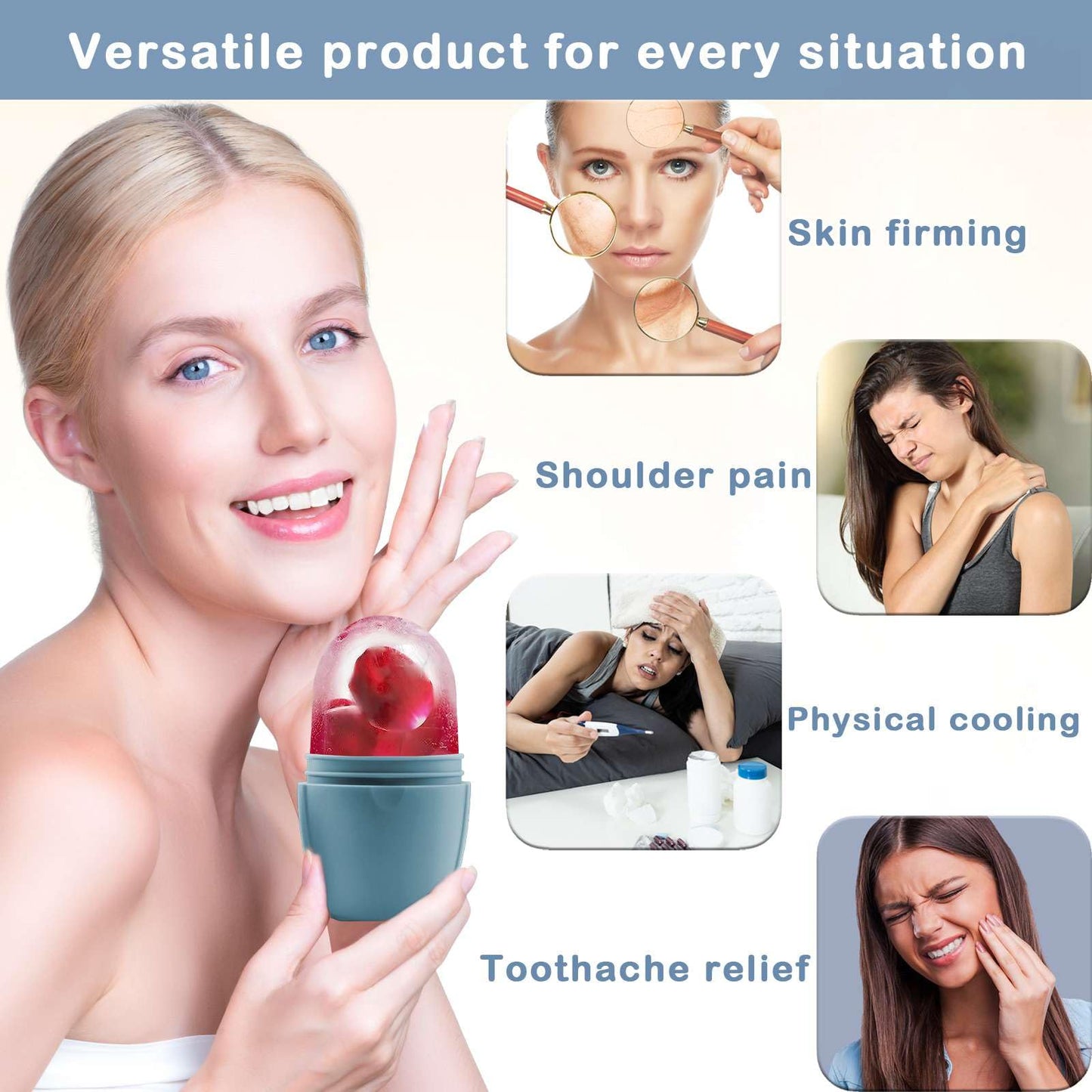 XHJRI Ice Cube Roller Massager for Face, Eyes and Neck Naturally Conditioning and Skin Care,De-Puff Eye Bags,Reduce Migraine Pain,Reusable Massage Silicone Ice Mold (Pink)