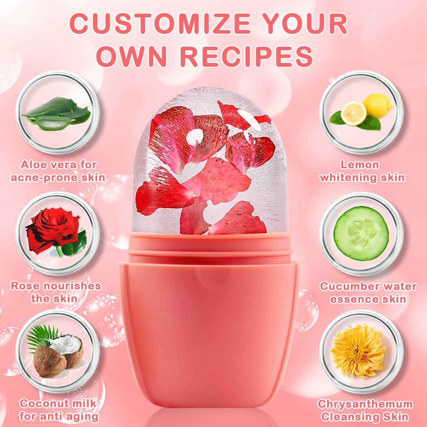 XHJRI Ice Cube Roller Massager for Face, Eyes and Neck Naturally Conditioning and Skin Care,De-Puff Eye Bags,Reduce Migraine Pain,Reusable Massage Silicone Ice Mold (Pink)