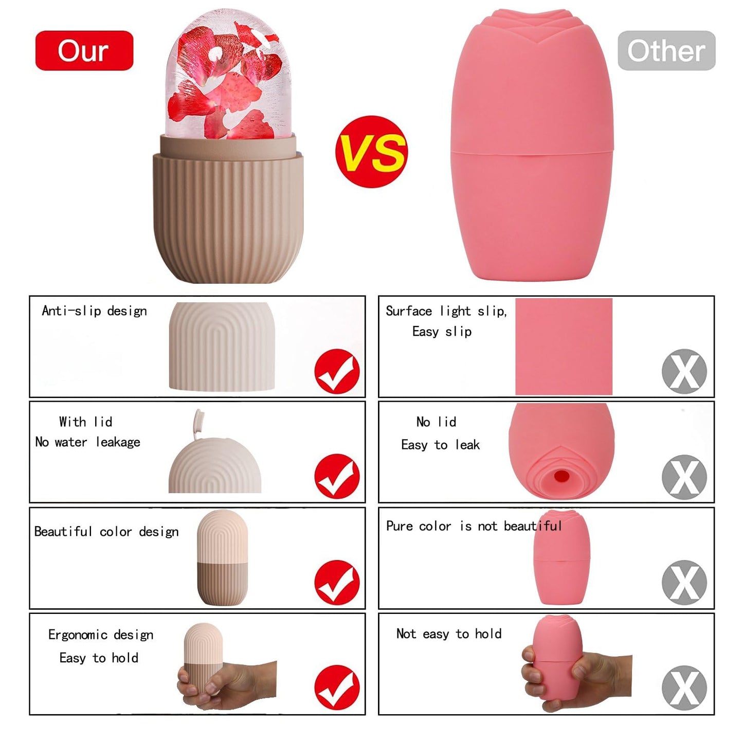 XHJRI Ice Cube Roller Massager for Face, Eyes and Neck Naturally Conditioning and Skin Care,De-Puff Eye Bags,Reduce Migraine Pain,Reusable Massage Silicone Ice Mold (Pink)