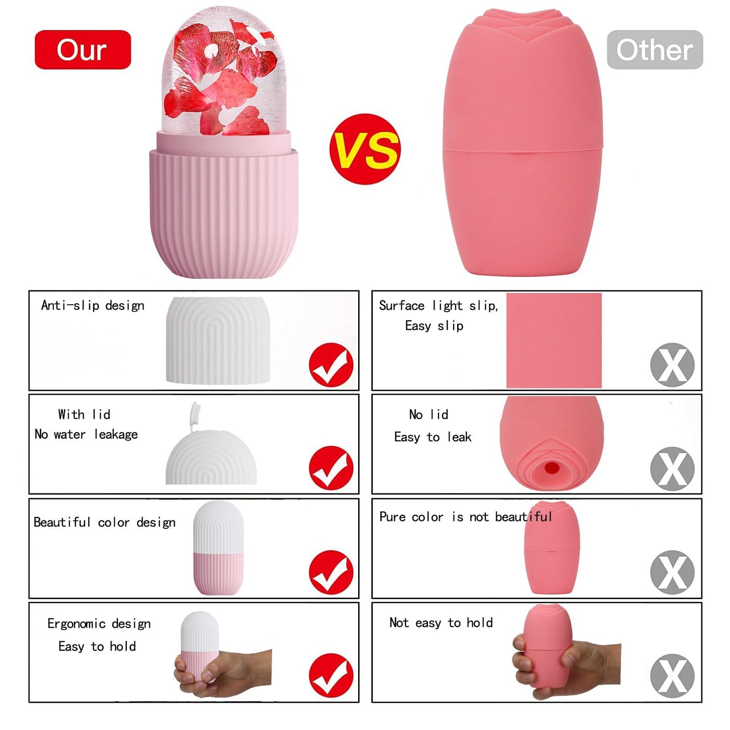 XHJRI Ice Cube Roller Massager for Face, Eyes and Neck Naturally Conditioning and Skin Care,De-Puff Eye Bags,Reduce Migraine Pain,Reusable Massage Silicone Ice Mold (Pink)