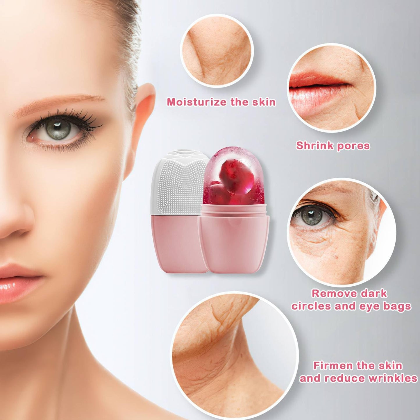 XHJRI Ice Cube Roller Massager for Face, Eyes and Neck Naturally Conditioning and Skin Care,De-Puff Eye Bags,Reduce Migraine Pain,Reusable Massage Silicone Ice Mold (Pink)