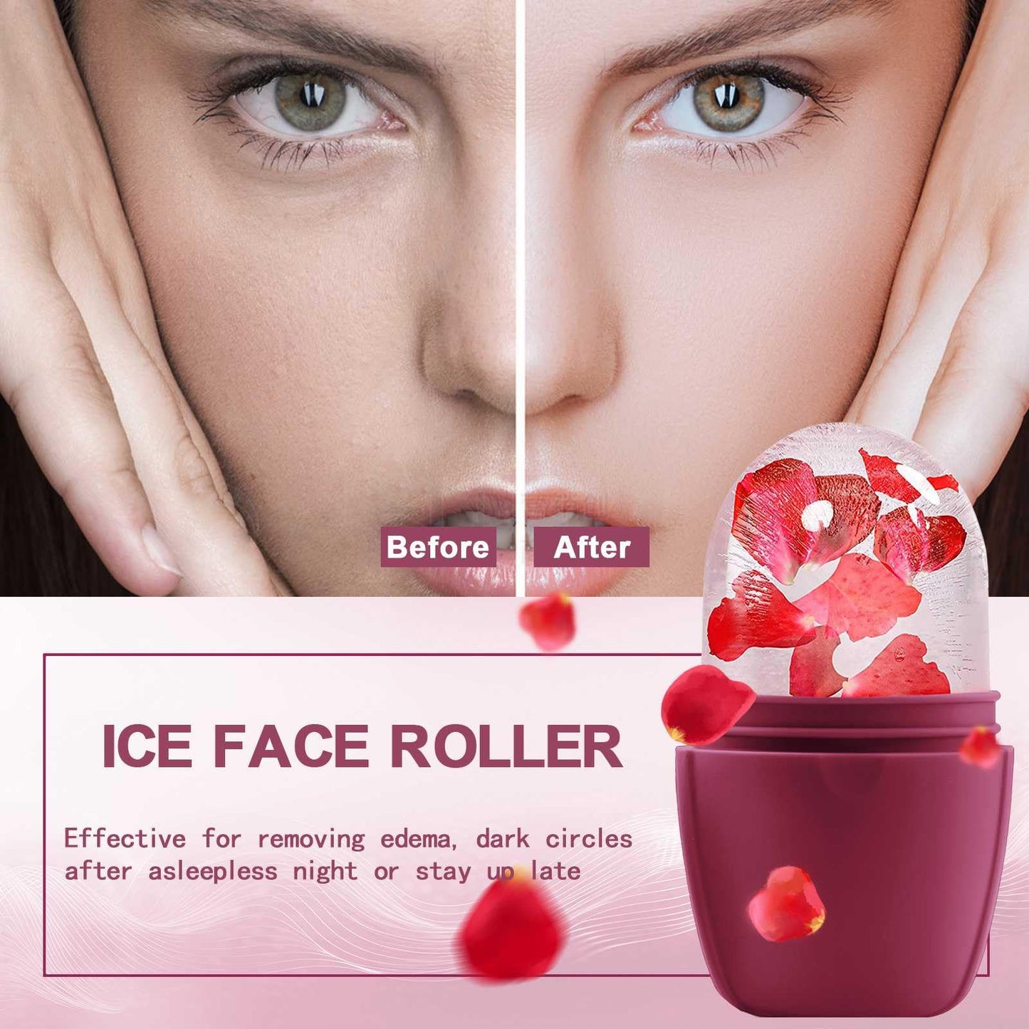 XHJRI Ice Cube Roller Massager for Face, Eyes and Neck Naturally Conditioning and Skin Care,De-Puff Eye Bags,Reduce Migraine Pain,Reusable Massage Silicone Ice Mold (Pink)