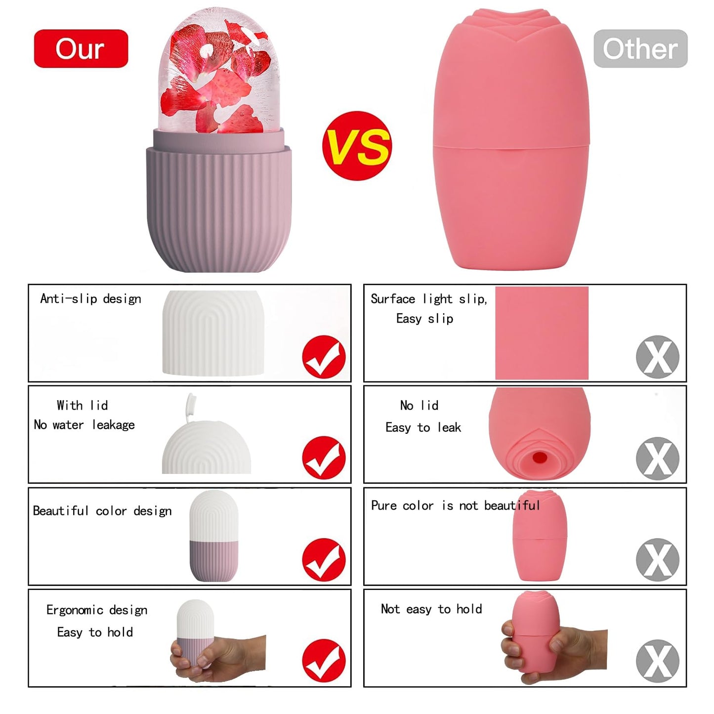 XHJRI Ice Cube Roller Massager for Face, Eyes and Neck Naturally Conditioning and Skin Care,De-Puff Eye Bags,Reduce Migraine Pain,Reusable Massage Silicone Ice Mold (Pink)