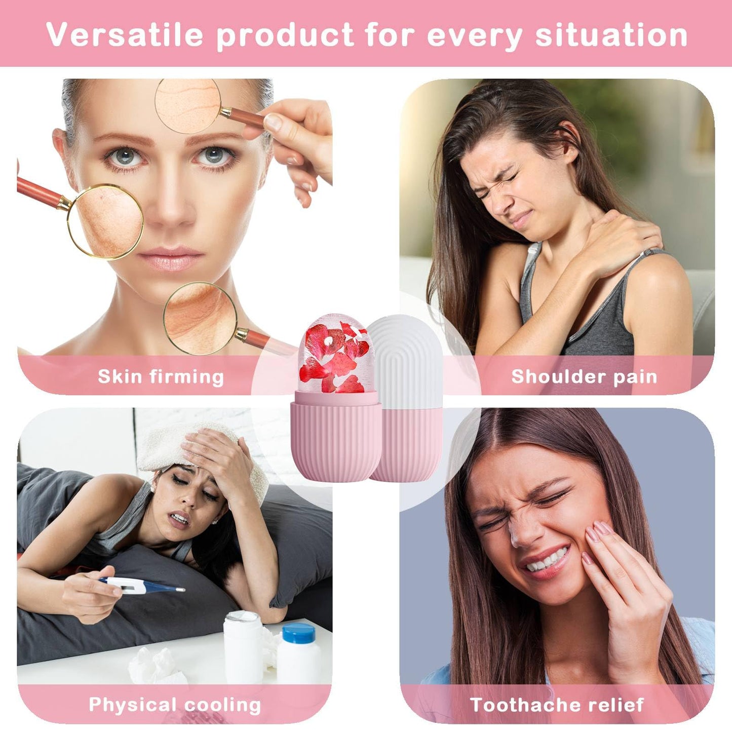 XHJRI Ice Cube Roller Massager for Face, Eyes and Neck Naturally Conditioning and Skin Care,De-Puff Eye Bags,Reduce Migraine Pain,Reusable Massage Silicone Ice Mold (Pink)