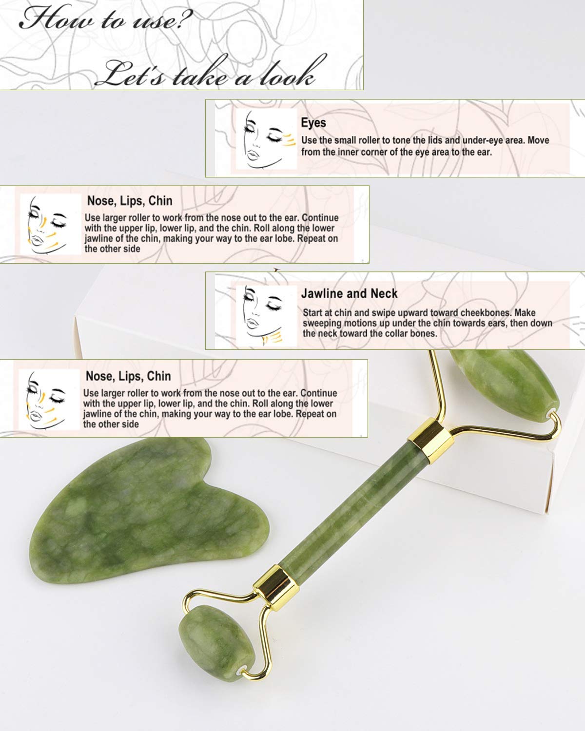 Jade Roller for Face, Jade Roller and Gua Sha Set, EUASOO 100% Real Natural Beauty Jade Facial Roller Massage Tool for Face Eyes Neck Body – Anti Aging Beauty Treatment