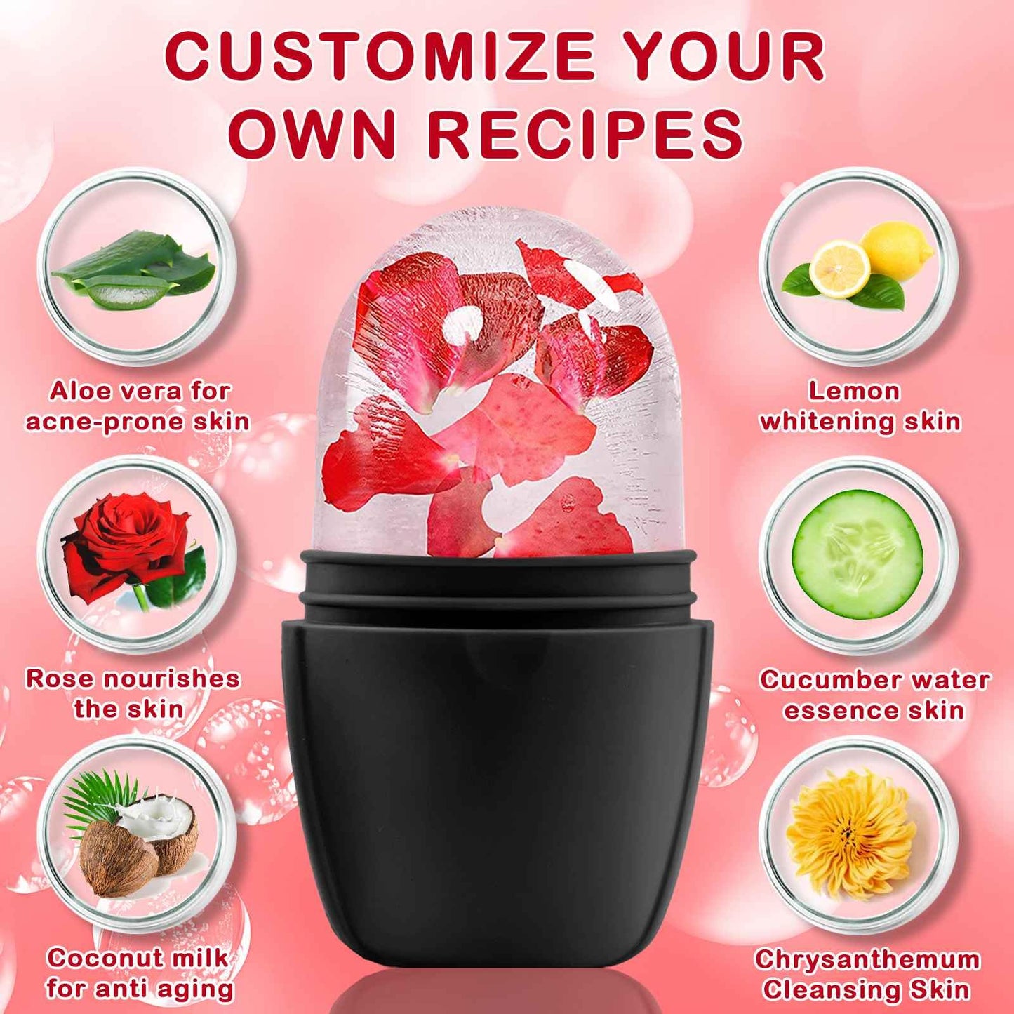 XHJRI Ice Cube Roller Massager for Face, Eyes and Neck Naturally Conditioning and Skin Care,De-Puff Eye Bags,Reduce Migraine Pain,Reusable Massage Silicone Ice Mold (Pink)