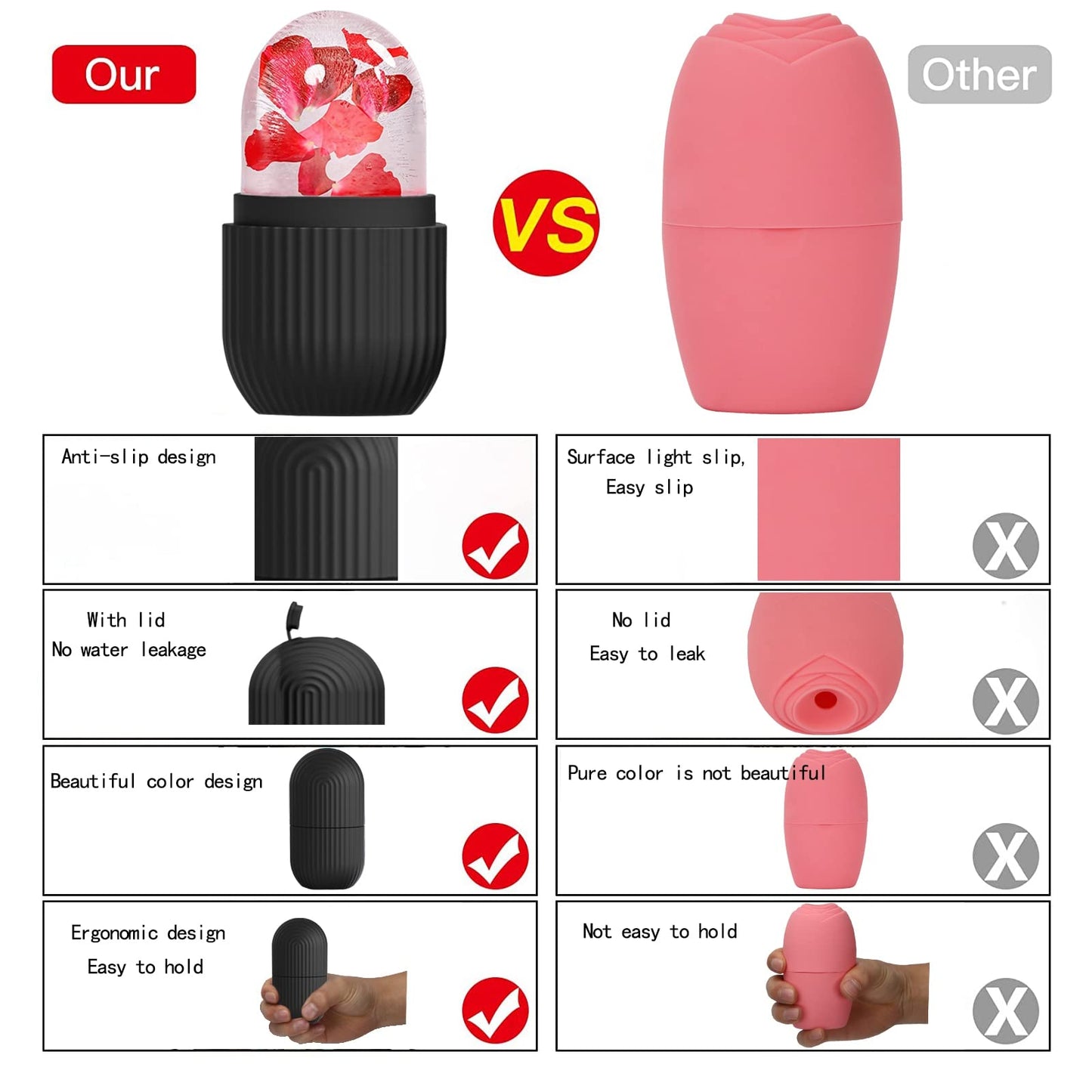 XHJRI Ice Cube Roller Massager for Face, Eyes and Neck Naturally Conditioning and Skin Care,De-Puff Eye Bags,Reduce Migraine Pain,Reusable Massage Silicone Ice Mold (Pink)