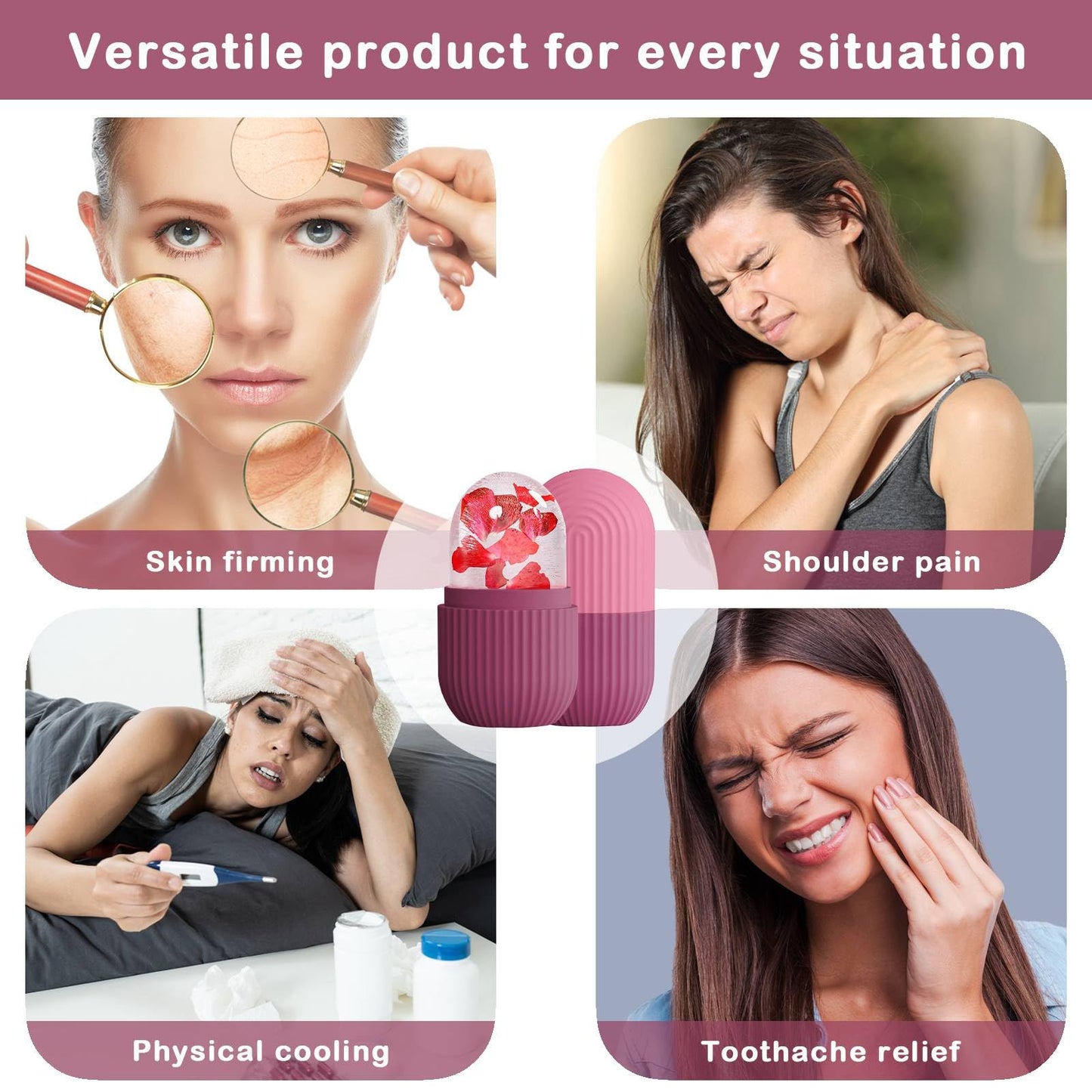 XHJRI Ice Cube Roller Massager for Face, Eyes and Neck Naturally Conditioning and Skin Care,De-Puff Eye Bags,Reduce Migraine Pain,Reusable Massage Silicone Ice Mold (Pink)