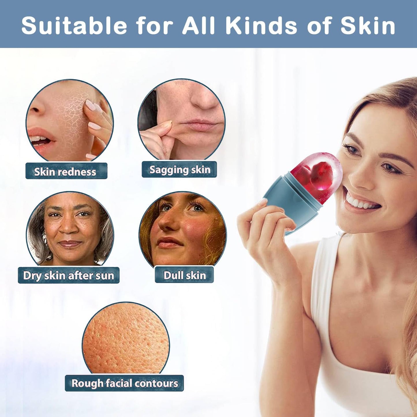 XHJRI Ice Cube Roller Massager for Face, Eyes and Neck Naturally Conditioning and Skin Care,De-Puff Eye Bags,Reduce Migraine Pain,Reusable Massage Silicone Ice Mold (Pink)