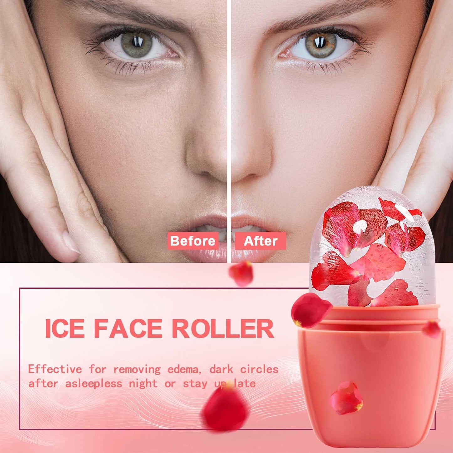 XHJRI Ice Cube Roller Massager for Face, Eyes and Neck Naturally Conditioning and Skin Care,De-Puff Eye Bags,Reduce Migraine Pain,Reusable Massage Silicone Ice Mold (Pink)