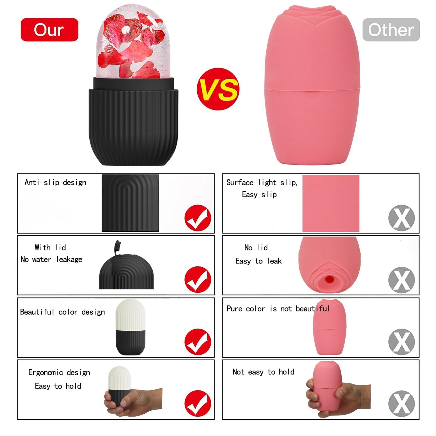 XHJRI Ice Cube Roller Massager for Face, Eyes and Neck Naturally Conditioning and Skin Care,De-Puff Eye Bags,Reduce Migraine Pain,Reusable Massage Silicone Ice Mold (Pink)