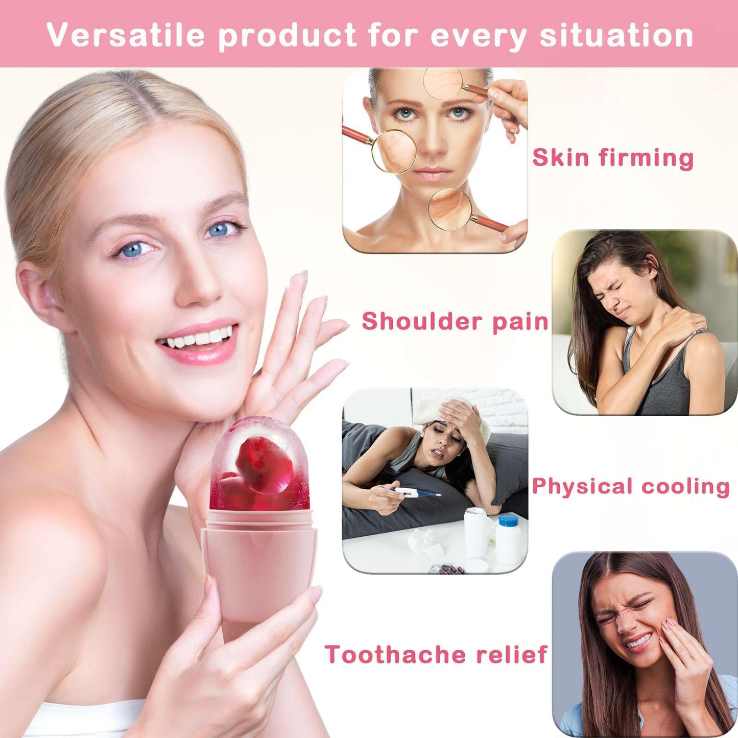 XHJRI Ice Cube Roller Massager for Face, Eyes and Neck Naturally Conditioning and Skin Care,De-Puff Eye Bags,Reduce Migraine Pain,Reusable Massage Silicone Ice Mold (Pink)