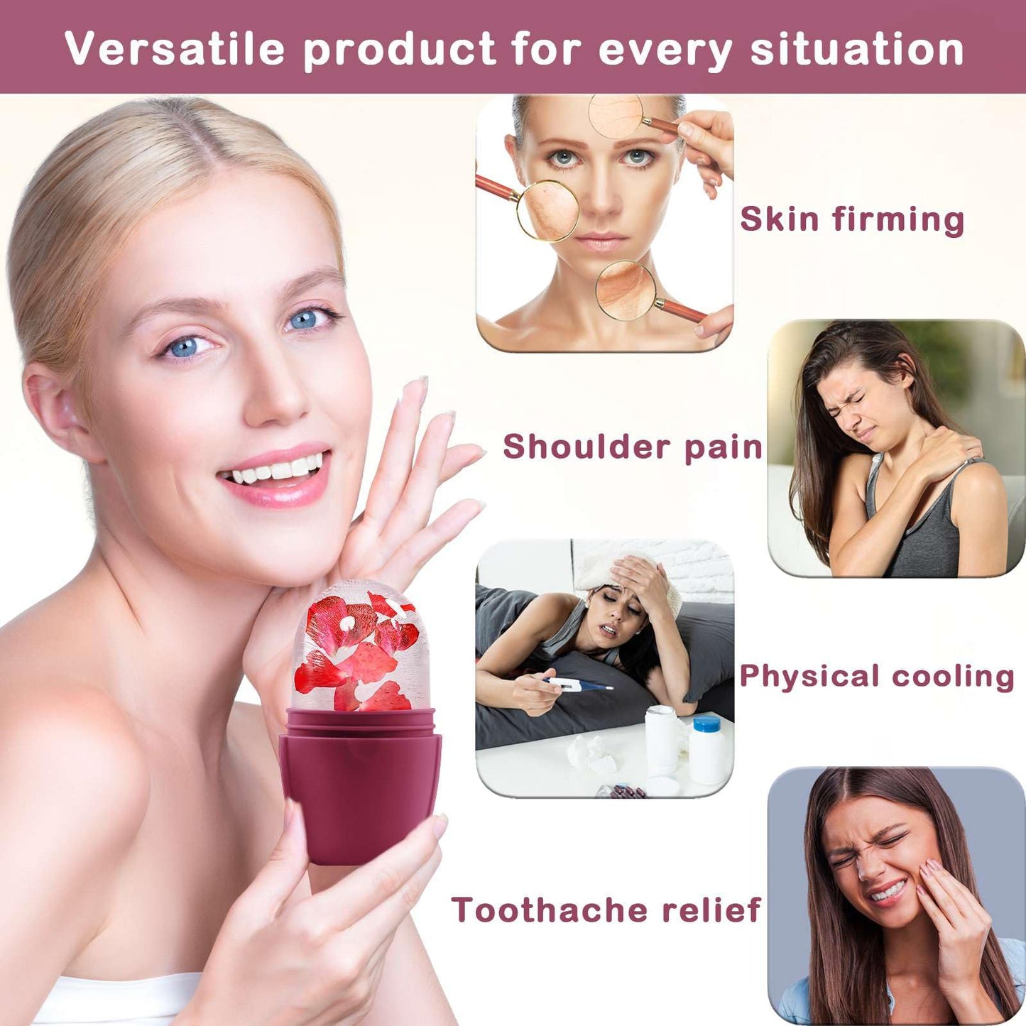 XHJRI Ice Cube Roller Massager for Face, Eyes and Neck Naturally Conditioning and Skin Care,De-Puff Eye Bags,Reduce Migraine Pain,Reusable Massage Silicone Ice Mold (Pink)