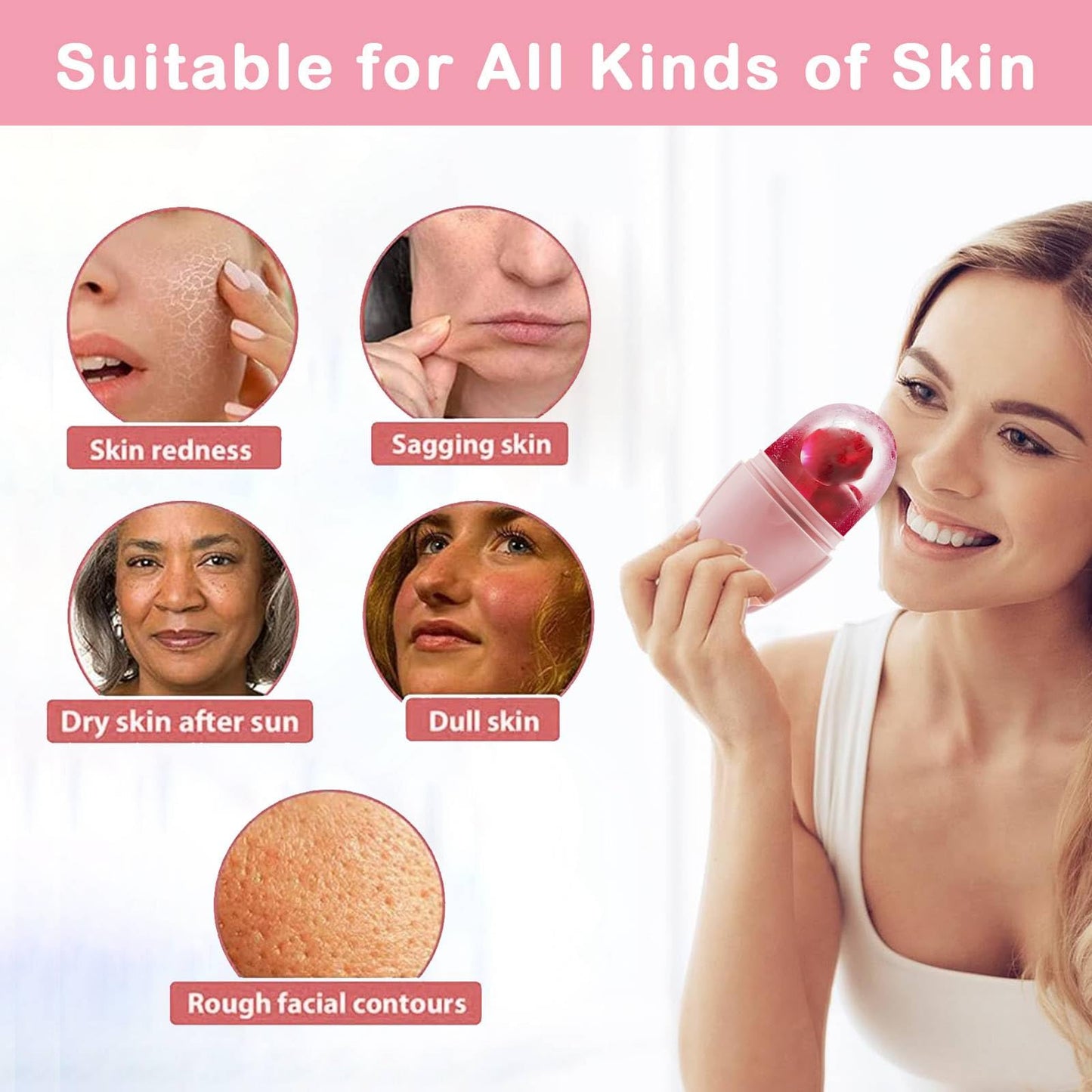 XHJRI Ice Cube Roller Massager for Face, Eyes and Neck Naturally Conditioning and Skin Care,De-Puff Eye Bags,Reduce Migraine Pain,Reusable Massage Silicone Ice Mold (Pink)