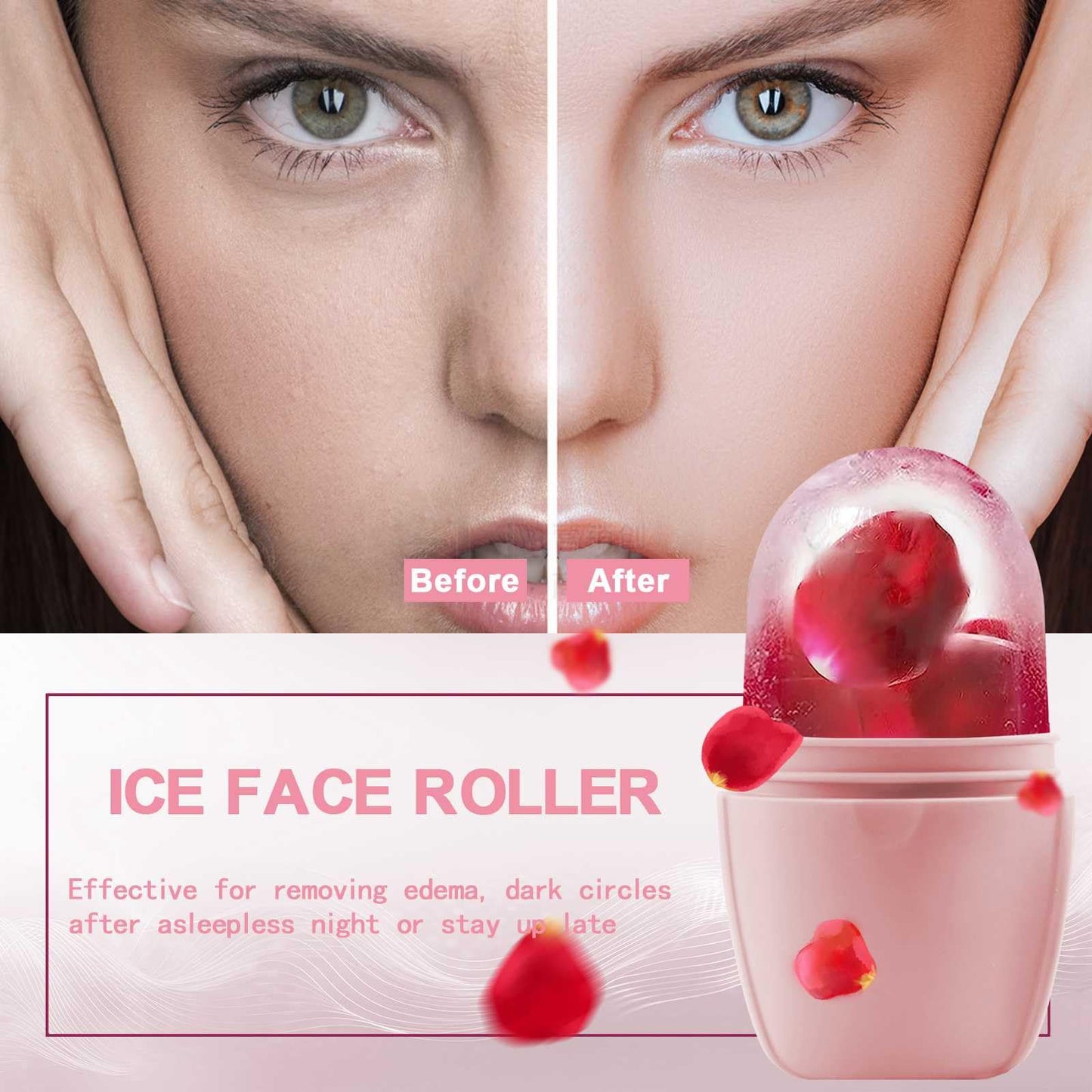 XHJRI Ice Cube Roller Massager for Face, Eyes and Neck Naturally Conditioning and Skin Care,De-Puff Eye Bags,Reduce Migraine Pain,Reusable Massage Silicone Ice Mold (Pink)