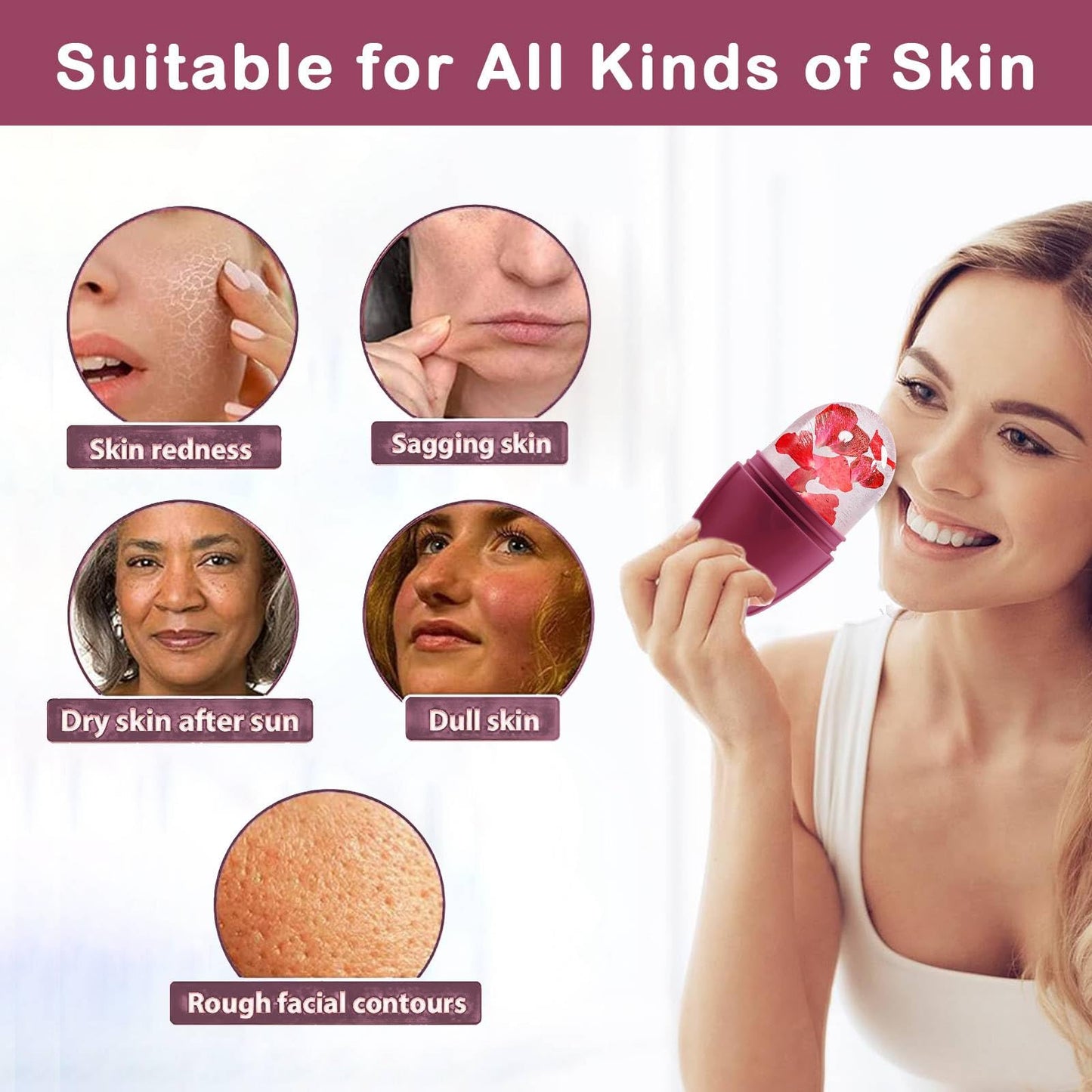 XHJRI Ice Cube Roller Massager for Face, Eyes and Neck Naturally Conditioning and Skin Care,De-Puff Eye Bags,Reduce Migraine Pain,Reusable Massage Silicone Ice Mold (Pink)