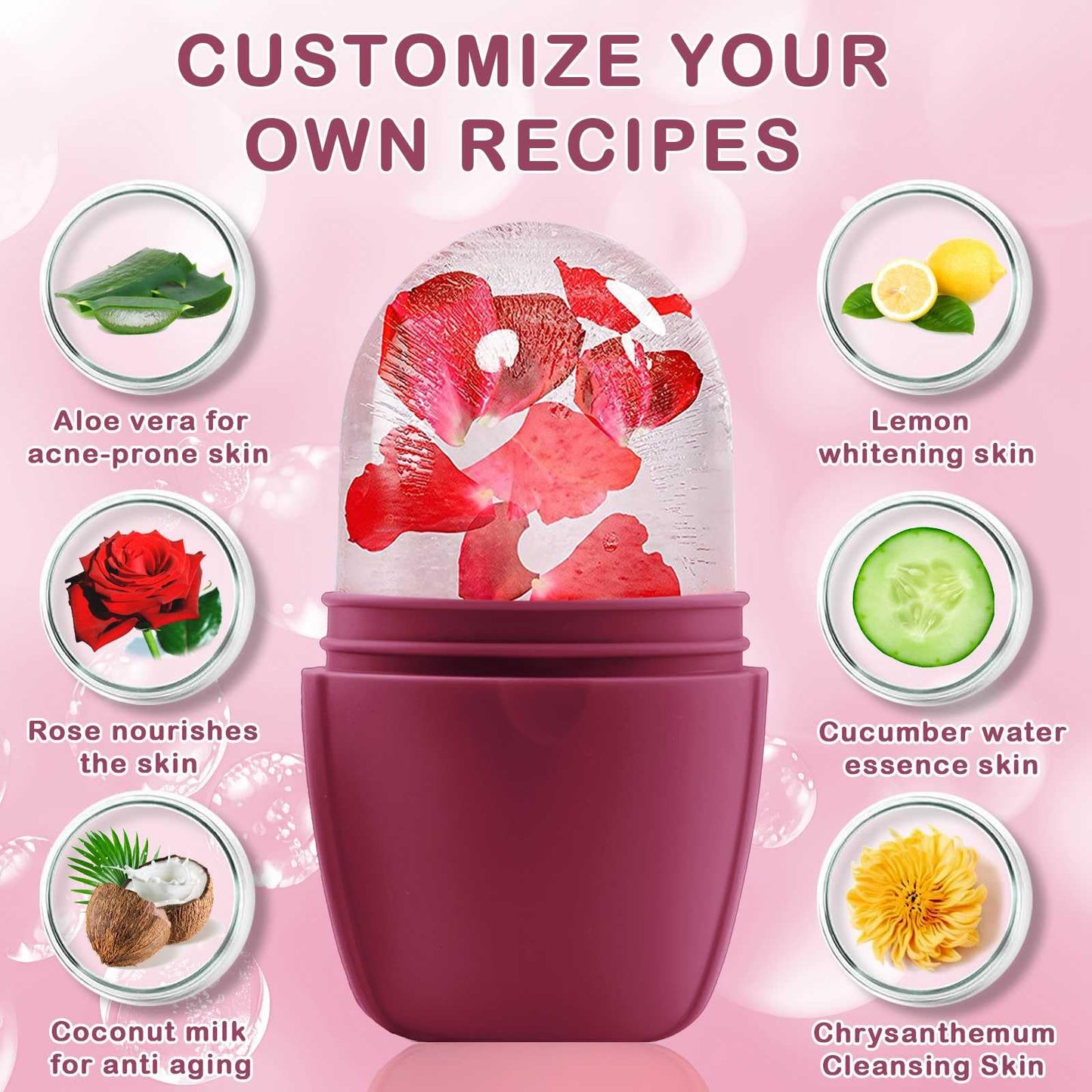 XHJRI Ice Cube Roller Massager for Face, Eyes and Neck Naturally Conditioning and Skin Care,De-Puff Eye Bags,Reduce Migraine Pain,Reusable Massage Silicone Ice Mold (Pink)