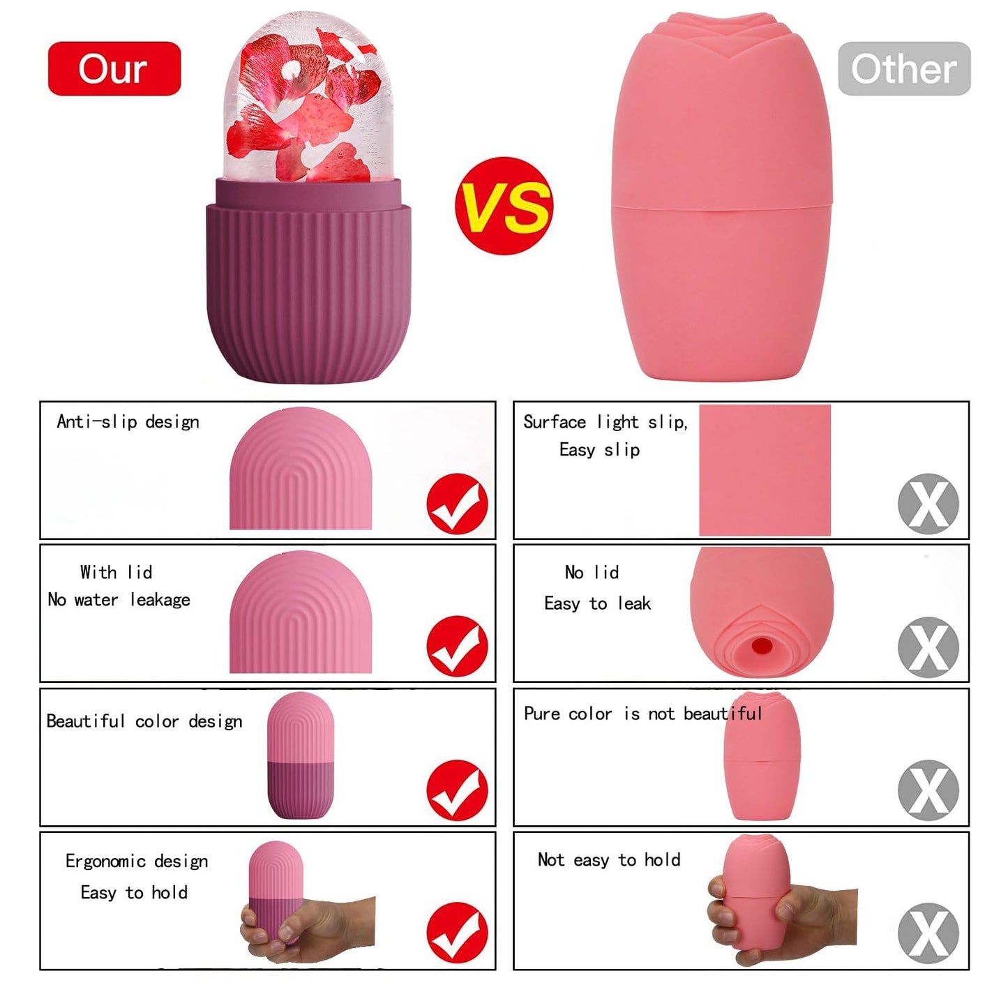 XHJRI Ice Cube Roller Massager for Face, Eyes and Neck Naturally Conditioning and Skin Care,De-Puff Eye Bags,Reduce Migraine Pain,Reusable Massage Silicone Ice Mold (Pink)