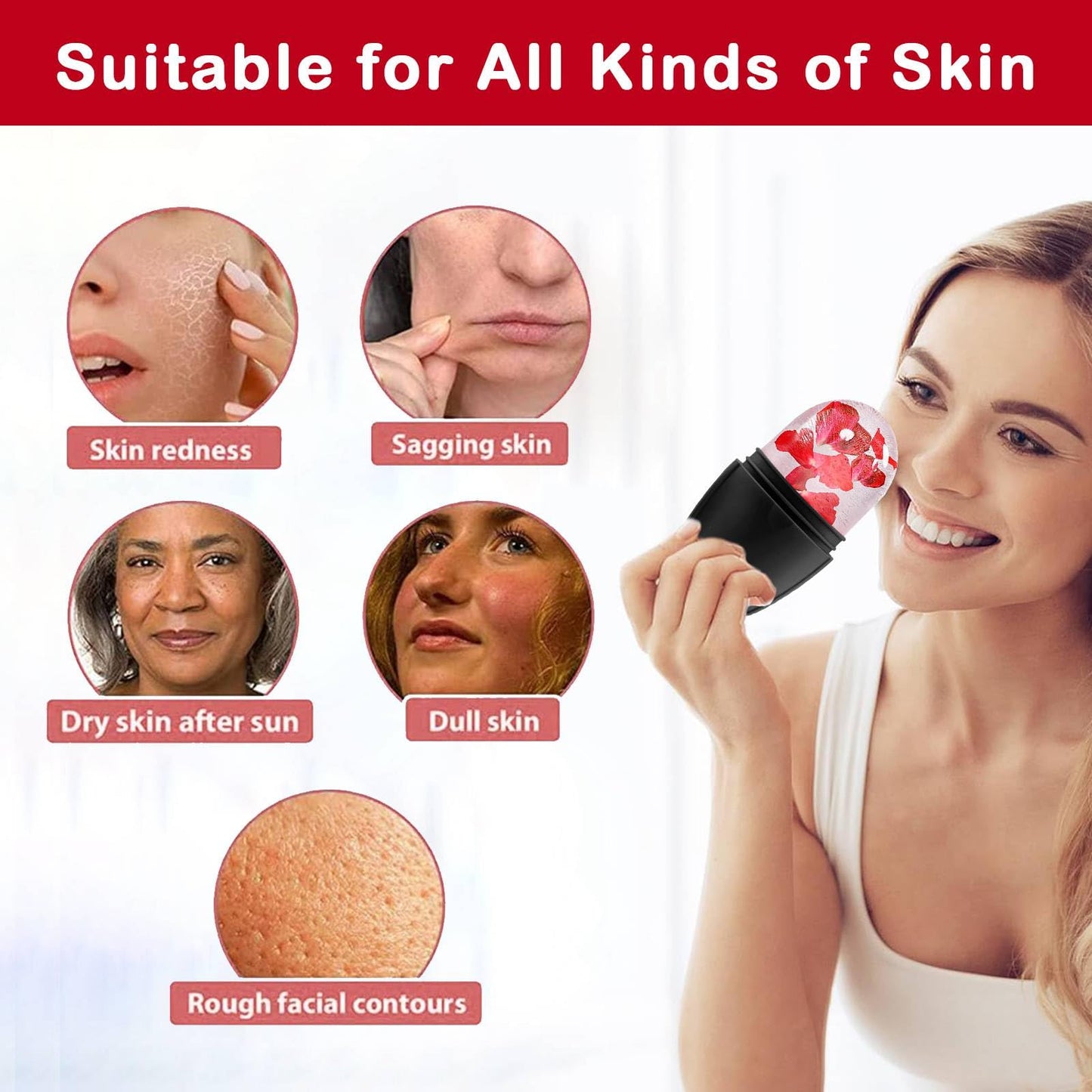 XHJRI Ice Cube Roller Massager for Face, Eyes and Neck Naturally Conditioning and Skin Care,De-Puff Eye Bags,Reduce Migraine Pain,Reusable Massage Silicone Ice Mold (Pink)