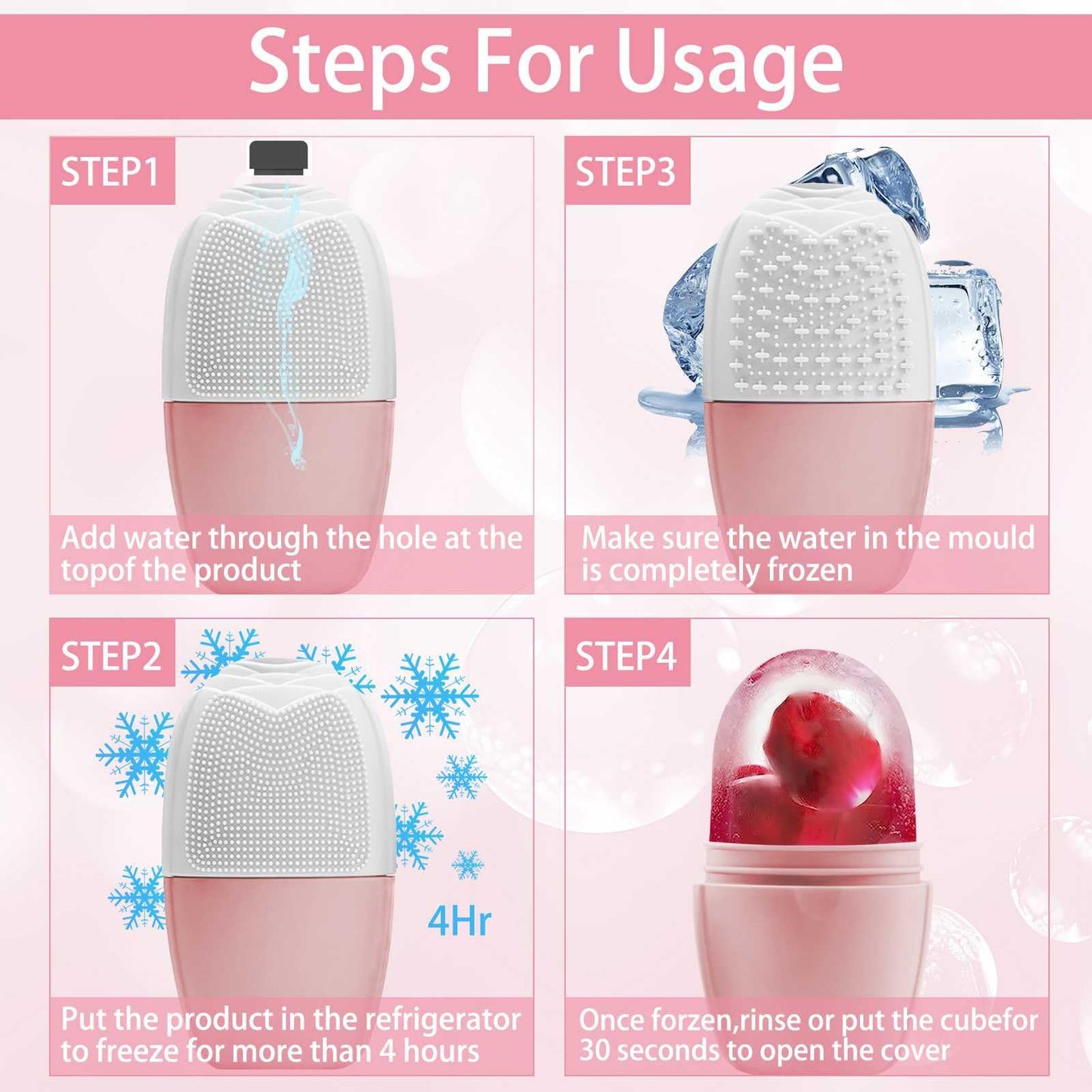 XHJRI Ice Cube Roller Massager for Face, Eyes and Neck Naturally Conditioning and Skin Care,De-Puff Eye Bags,Reduce Migraine Pain,Reusable Massage Silicone Ice Mold (Pink)