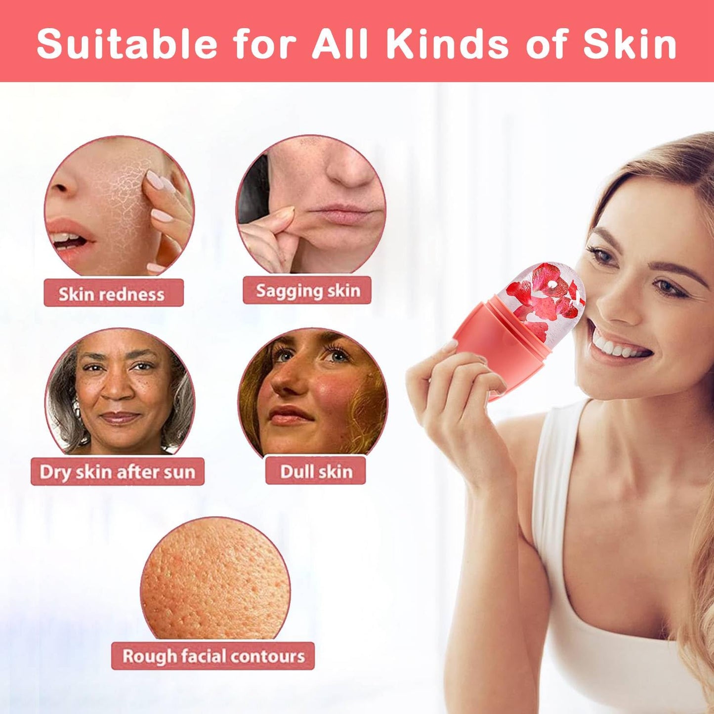 XHJRI Ice Cube Roller Massager for Face, Eyes and Neck Naturally Conditioning and Skin Care,De-Puff Eye Bags,Reduce Migraine Pain,Reusable Massage Silicone Ice Mold (Pink)