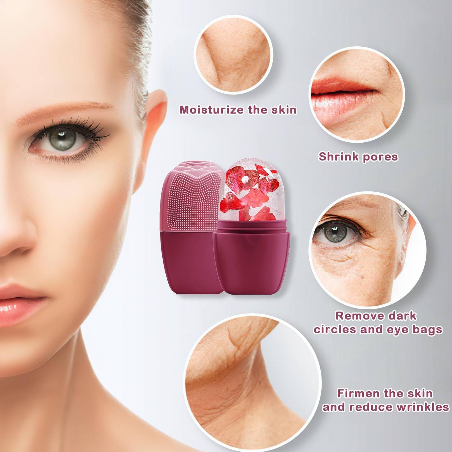 XHJRI Ice Cube Roller Massager for Face, Eyes and Neck Naturally Conditioning and Skin Care,De-Puff Eye Bags,Reduce Migraine Pain,Reusable Massage Silicone Ice Mold (Pink)