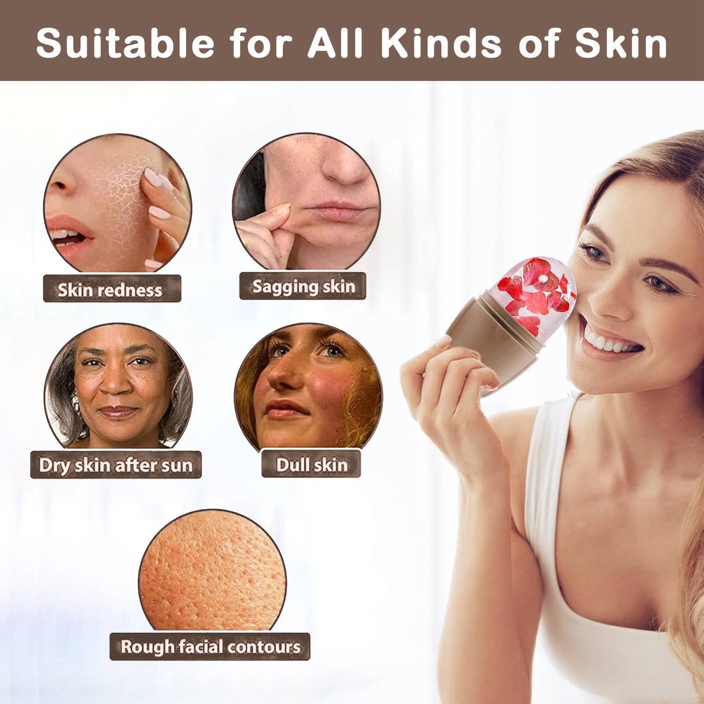 XHJRI Ice Cube Roller Massager for Face, Eyes and Neck Naturally Conditioning and Skin Care,De-Puff Eye Bags,Reduce Migraine Pain,Reusable Massage Silicone Ice Mold (Pink)