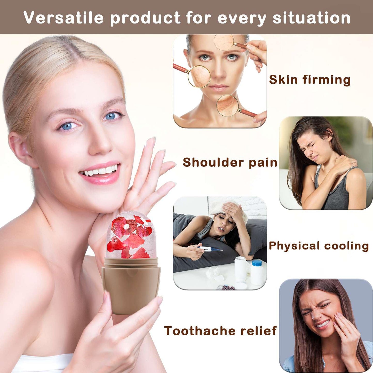 XHJRI Ice Cube Roller Massager for Face, Eyes and Neck Naturally Conditioning and Skin Care,De-Puff Eye Bags,Reduce Migraine Pain,Reusable Massage Silicone Ice Mold (Pink)