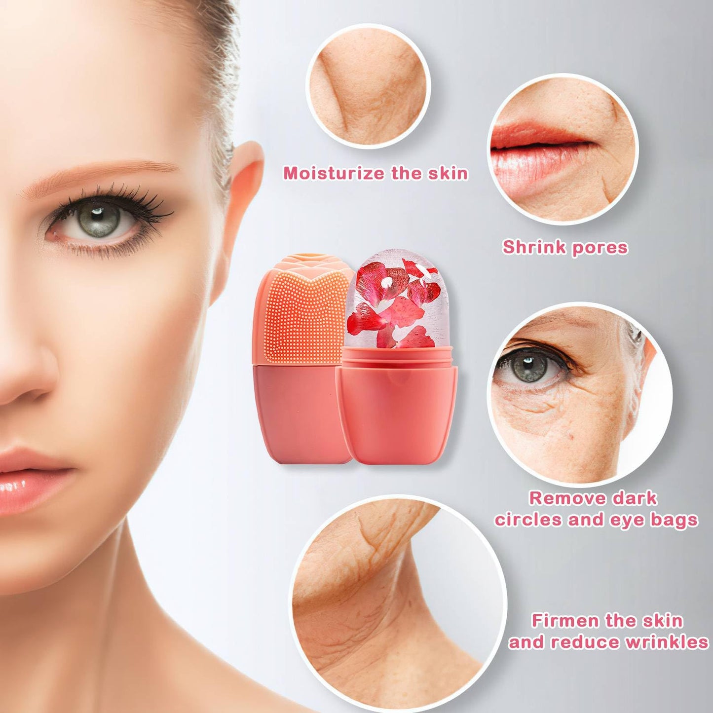 XHJRI Ice Cube Roller Massager for Face, Eyes and Neck Naturally Conditioning and Skin Care,De-Puff Eye Bags,Reduce Migraine Pain,Reusable Massage Silicone Ice Mold (Pink)