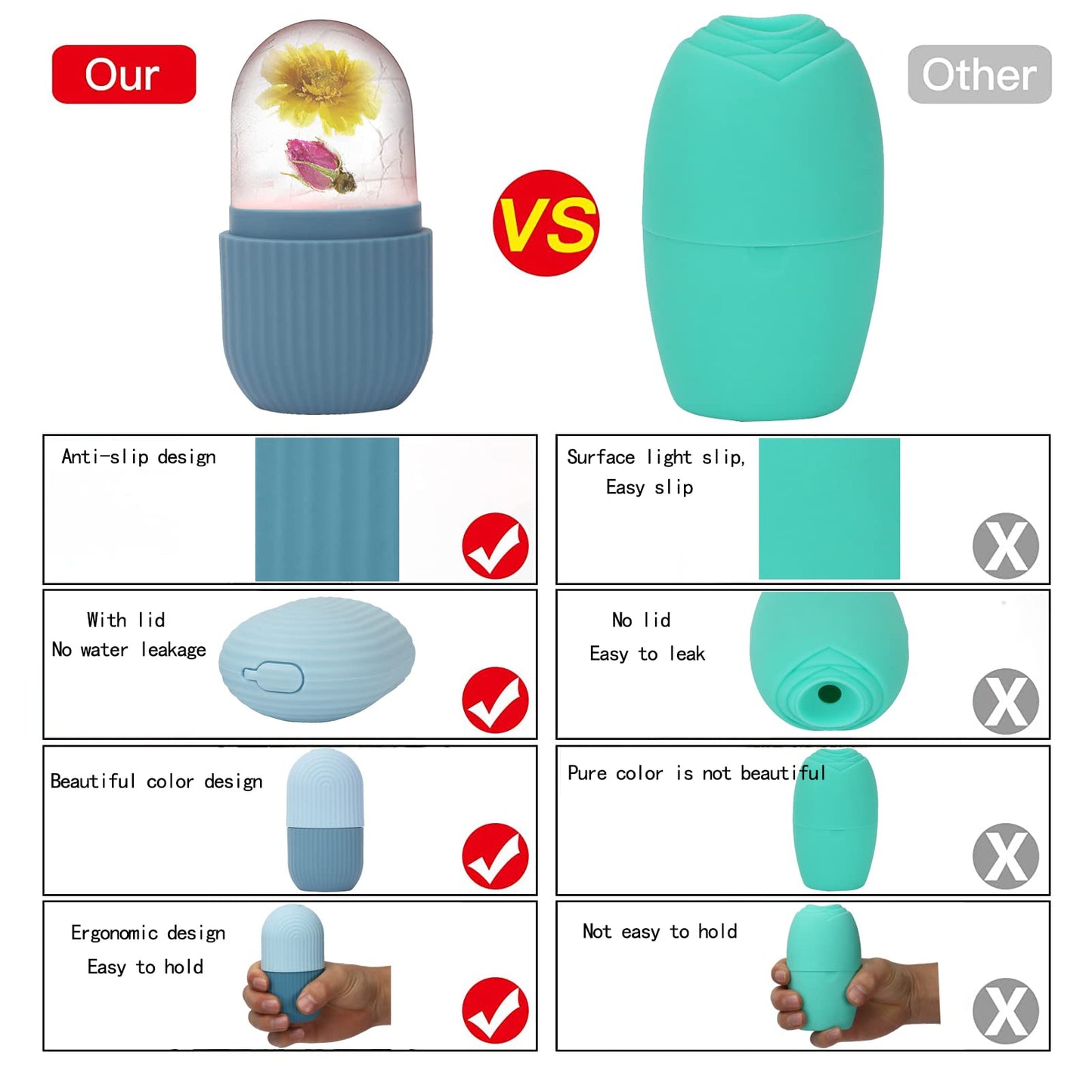 XHJRI Ice Cube Roller Massager for Face, Eyes and Neck Naturally Conditioning and Skin Care,De-Puff Eye Bags,Reduce Migraine Pain,Reusable Massage Silicone Ice Mold (Pink)