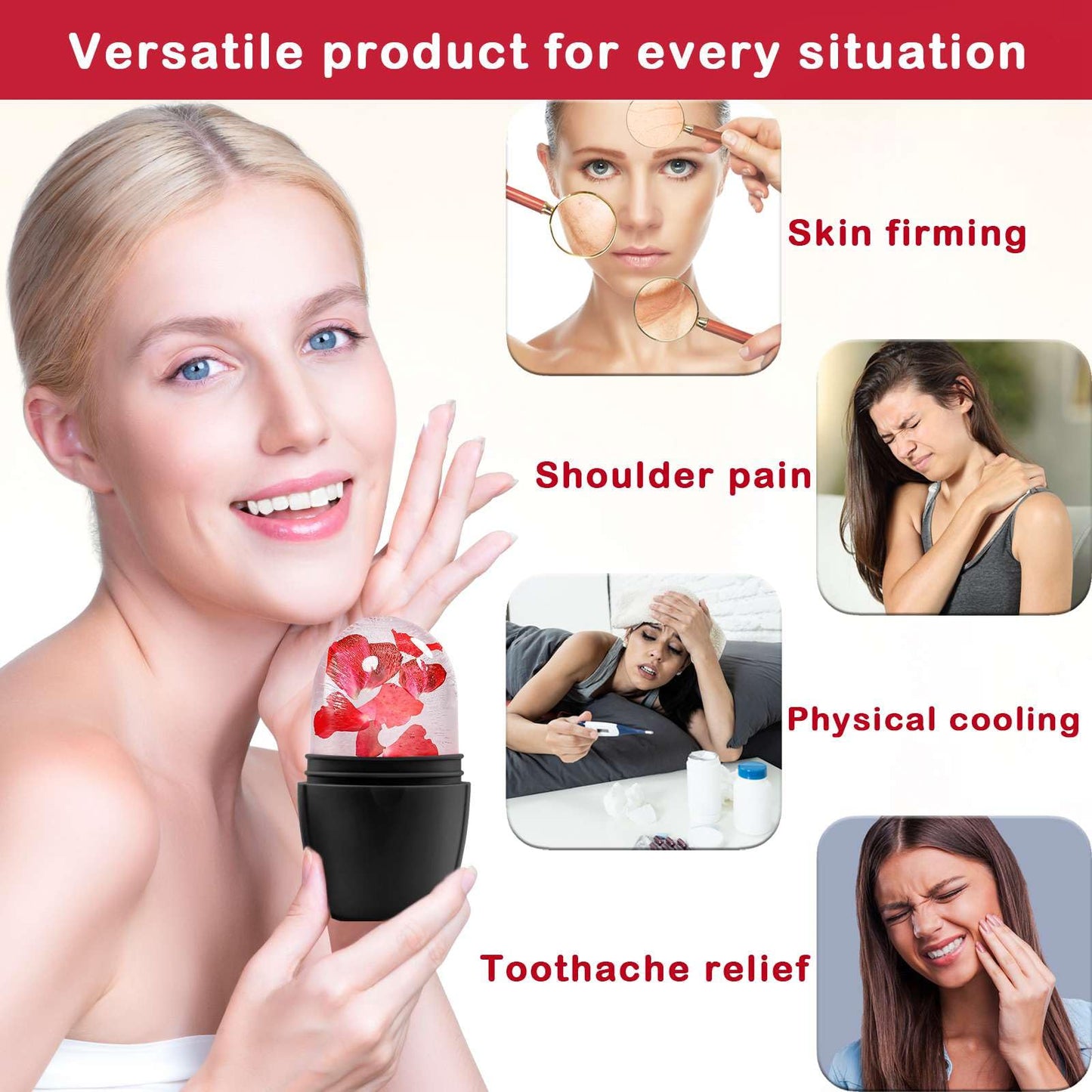 XHJRI Ice Cube Roller Massager for Face, Eyes and Neck Naturally Conditioning and Skin Care,De-Puff Eye Bags,Reduce Migraine Pain,Reusable Massage Silicone Ice Mold (Pink)