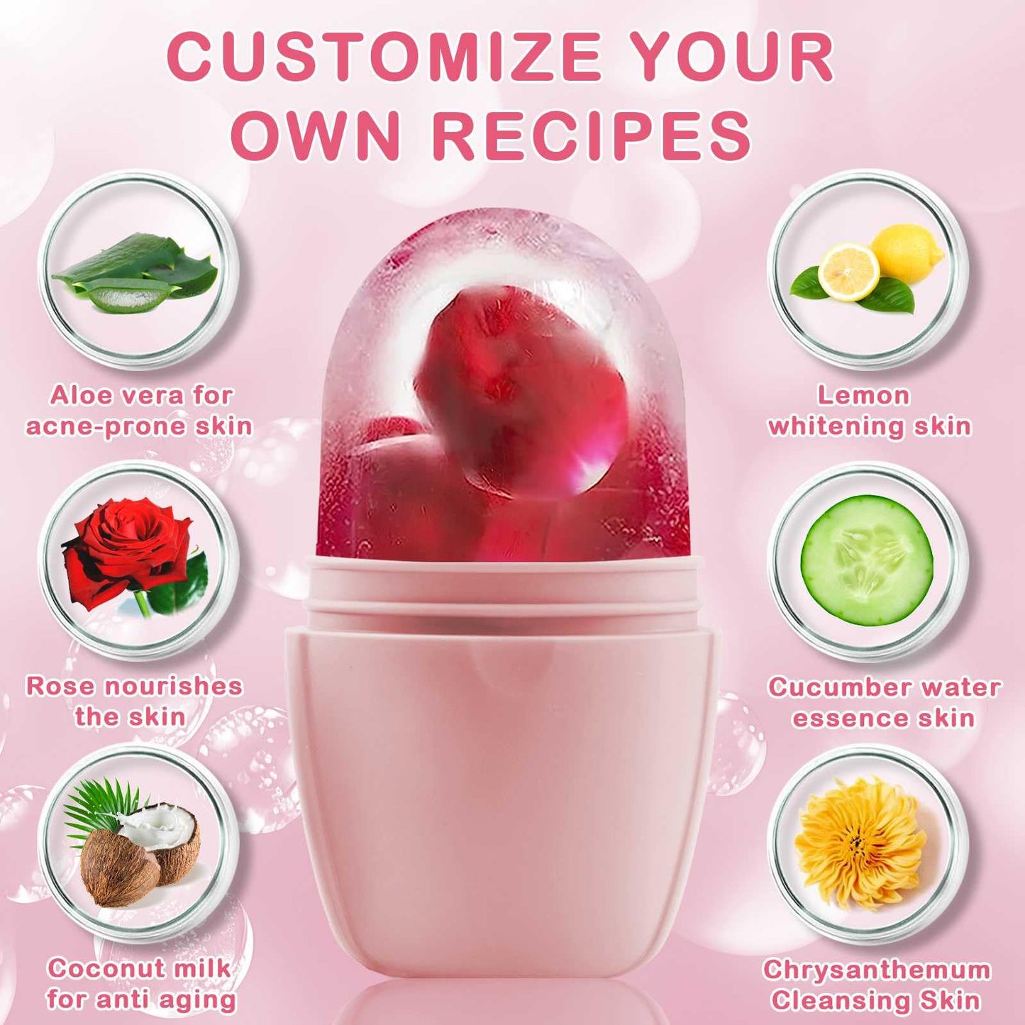 XHJRI Ice Cube Roller Massager for Face, Eyes and Neck Naturally Conditioning and Skin Care,De-Puff Eye Bags,Reduce Migraine Pain,Reusable Massage Silicone Ice Mold (Pink)