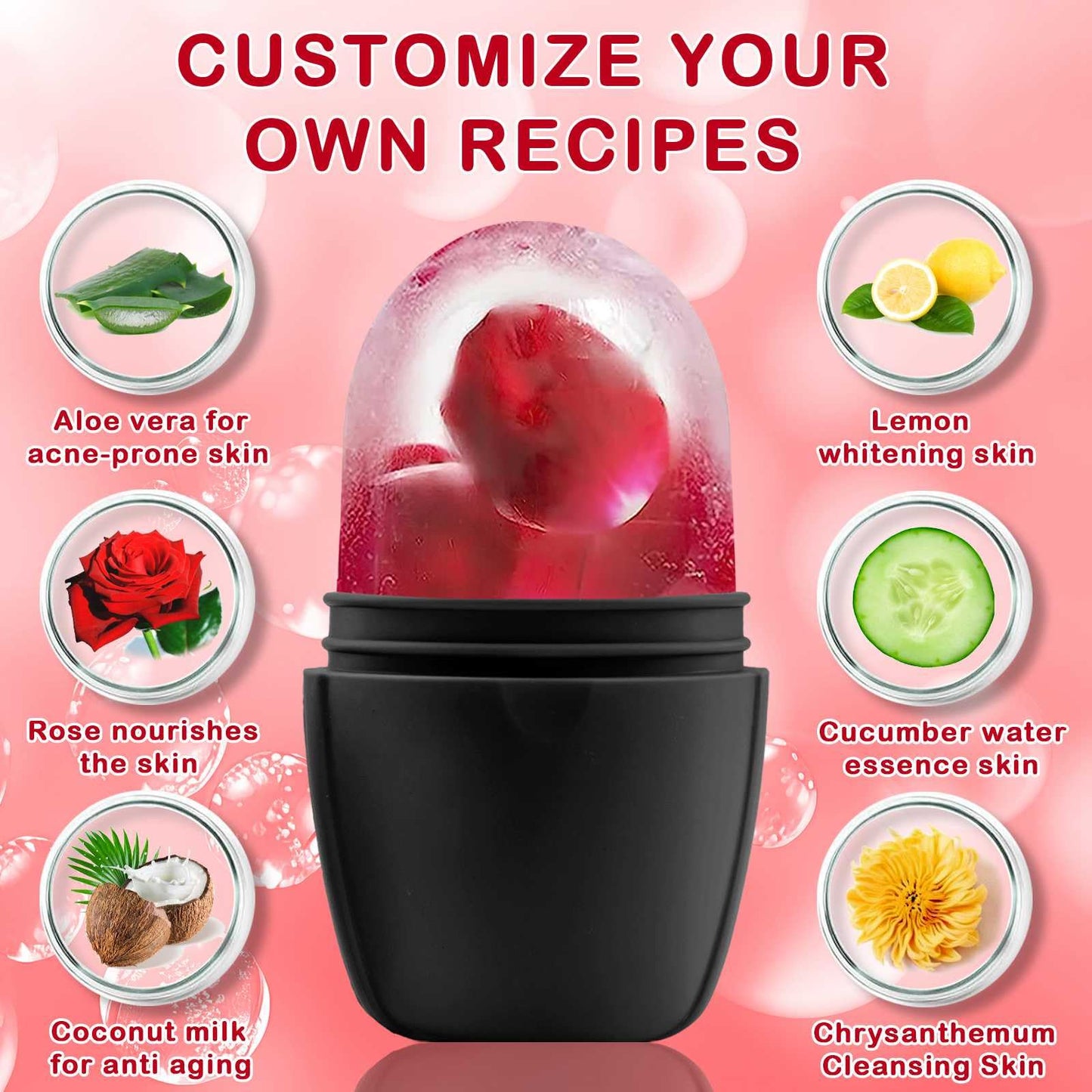 XHJRI Ice Cube Roller Massager for Face, Eyes and Neck Naturally Conditioning and Skin Care,De-Puff Eye Bags,Reduce Migraine Pain,Reusable Massage Silicone Ice Mold (Pink)